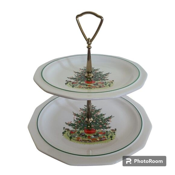 Pfaltzgraff Christmas Heritage Two-Tiered Pedestal Serving Tray Stoneware XMas - Picture 1 of 9